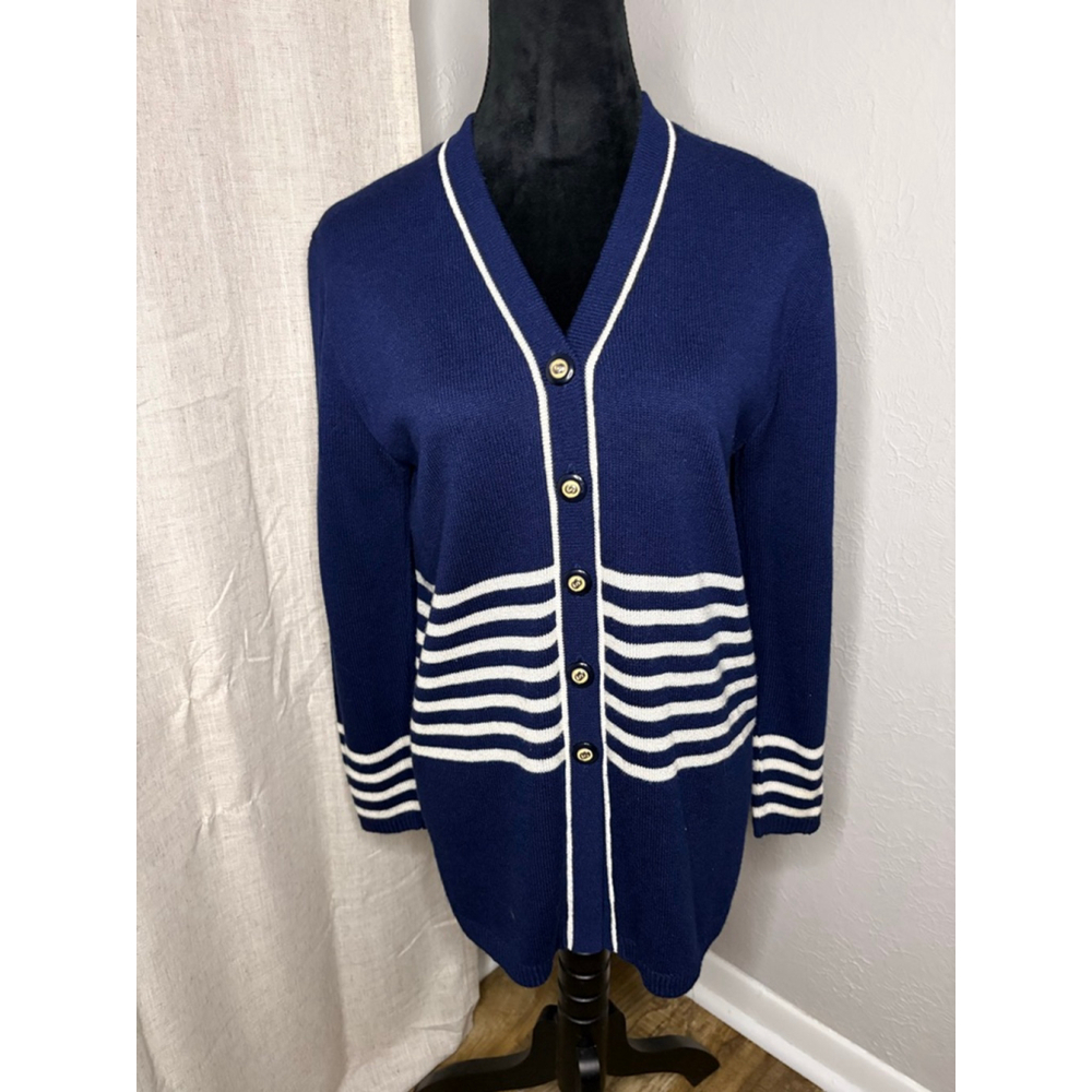 Vintage Dylani Knitwear Navy Blue & White Striped Cardigan Small